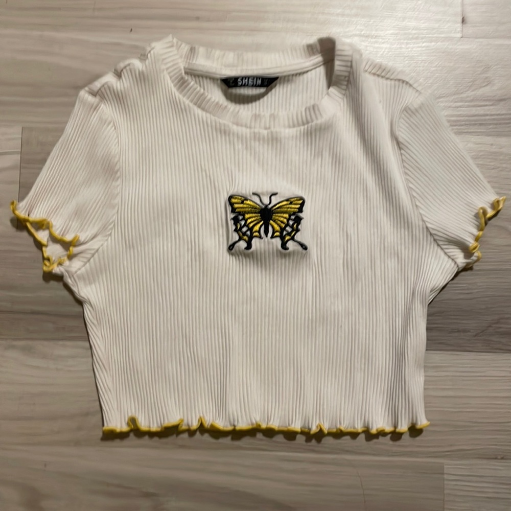 white/ yellow ruffles butterfly crop top
